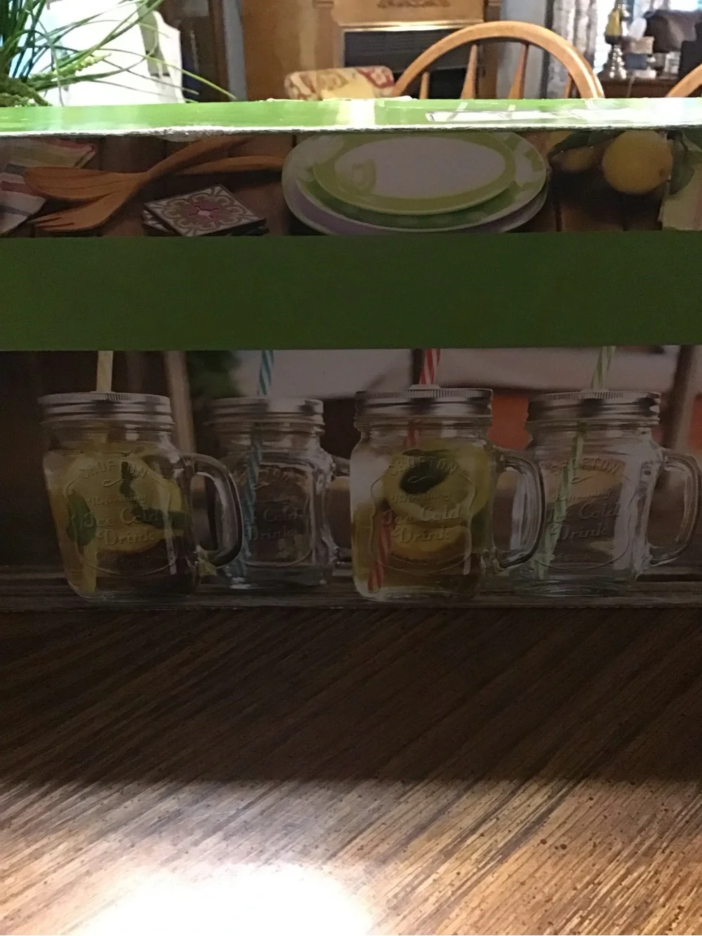 Mason Clear Glass Mug Jars with White Lids and Multi-Colored Straws